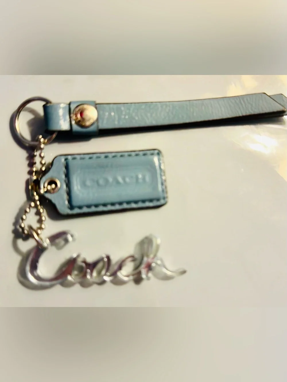 Coach Periwinkle Blue Leather Hangtag, Coach Poppy Script, Tassle, Silver - EUC